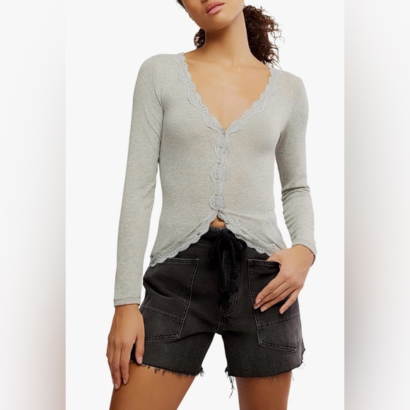 NWT Free People Big Love Lace Trim Knit Button-Up Top, size XL - Picture 8 of 9